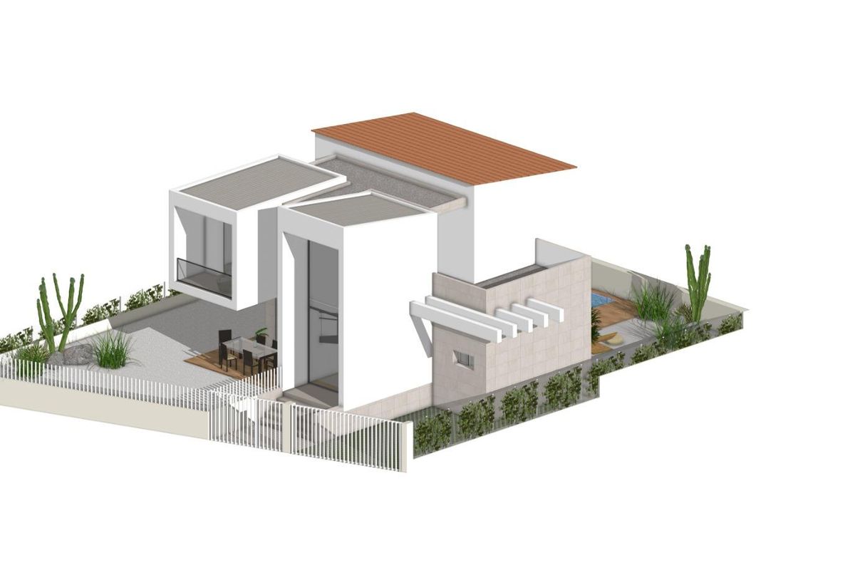 3D weergave van een 3-slaapkamer villa met buitenwoonruimtes en modern design in La Nucia, Spanje.