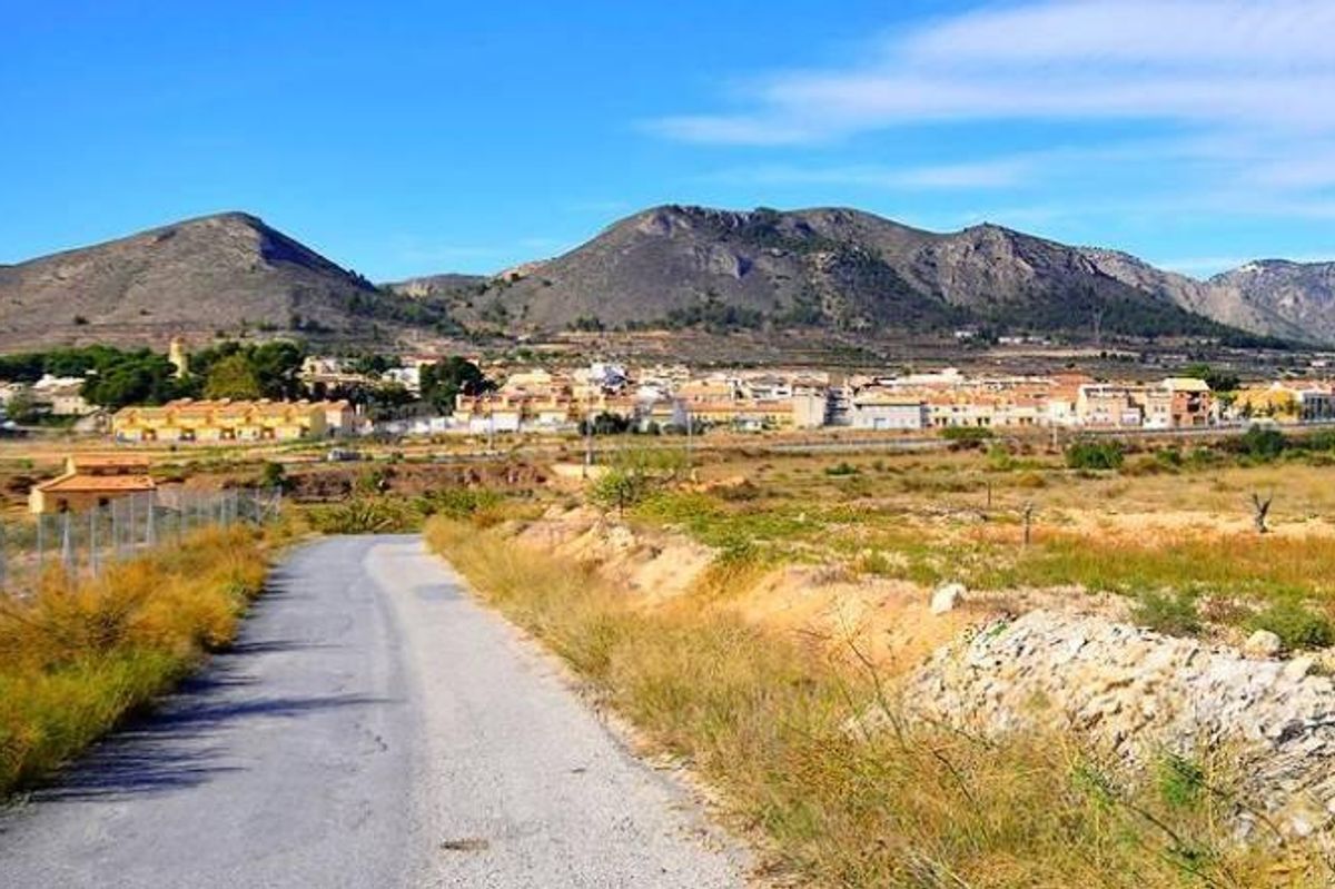 Plattelandsweg met bergen op de achtergrond nabij La Romana, Costa Blanca Zuid