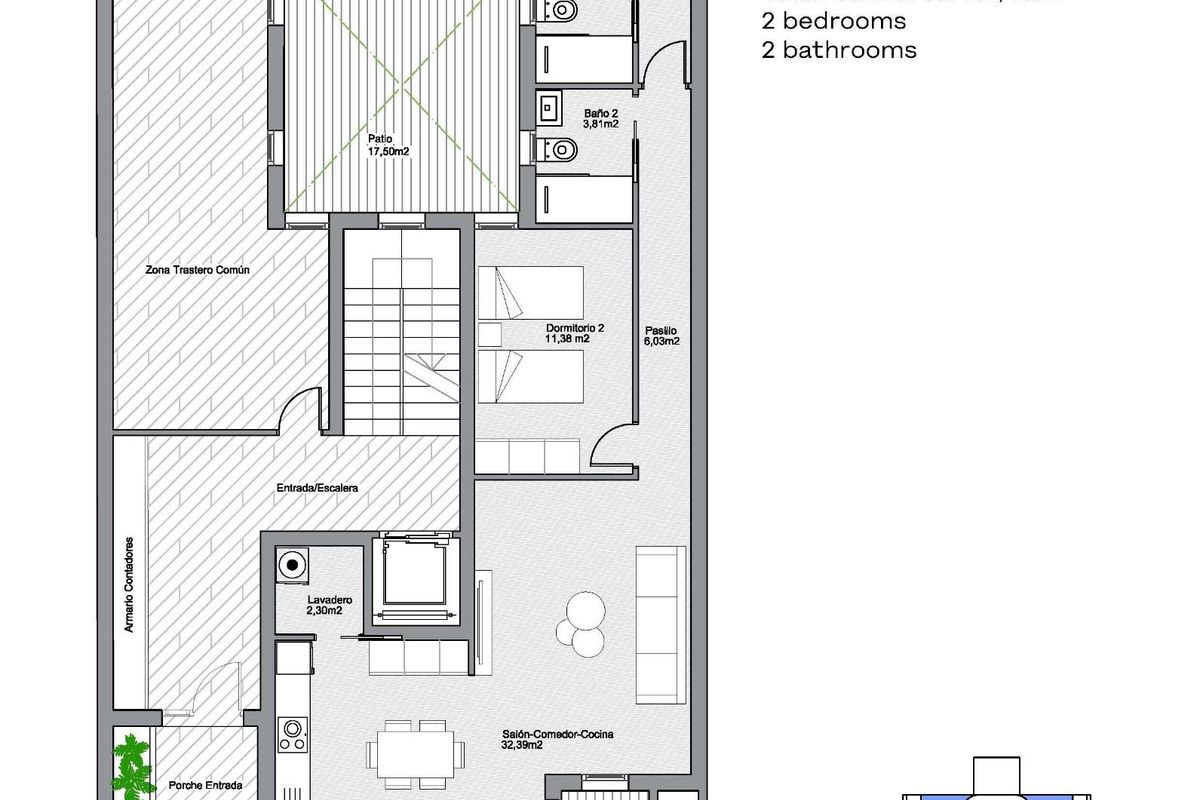 Plattegrond van een gelijkvloers 2-slaapkamer appartement, die de indeling in Torrevieja, Costa Blanca Zuid schetst.