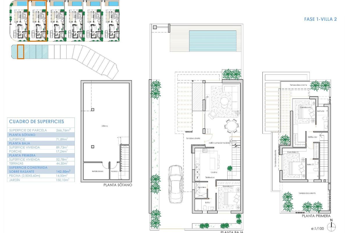 Gedetailleerde plattegrond van een luxe 3-slaapkamer villa, met woonruimtes en buitenruimte in Los Alcazares.