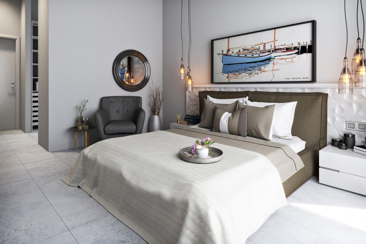 Gezellige slaapkamer in de villa in Finestrat, met hedendaagse decoratie en toegang tot het terras.