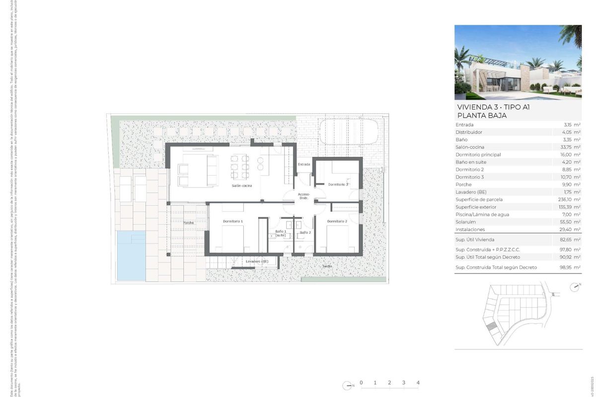Plattegrond van een 3-slaapkamer villa in Vera, Costa de Almeria, met indeling en woonruimtes.
