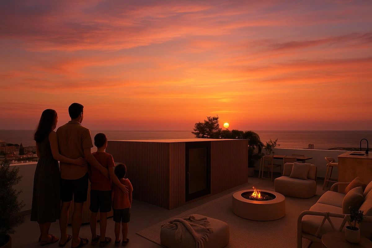 Familie geniet van de zonsondergang vanaf het terras van een townhouse in Mijas met vuurkorf en buitenmeubilair.