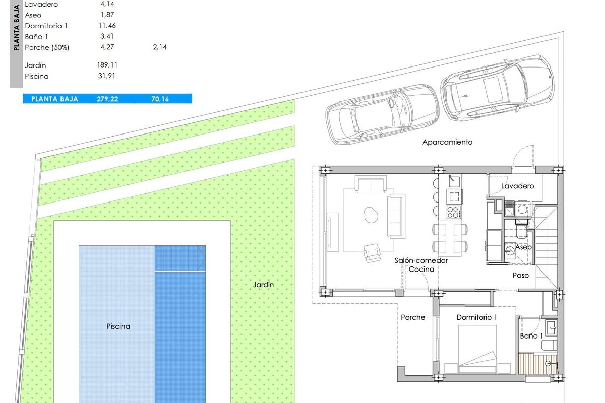 Eerste verdieping van de villa met 3 slaapkamers in San Pedro del Pinatar, met indeling van de slaapkamers.