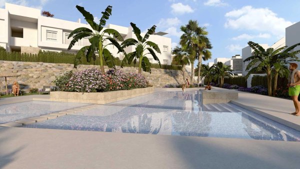 Palm-lined pool area with spacious water features in Algorfa, Costa Blanca South, Spain.