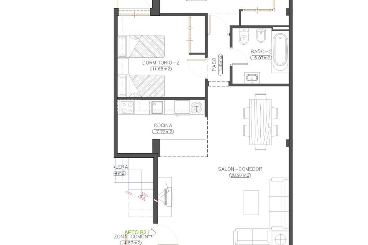 Gedetailleerde plattegrond van de indeling van een 2-kamer appartement op de begane grond in Cuevas Del Almanzora.