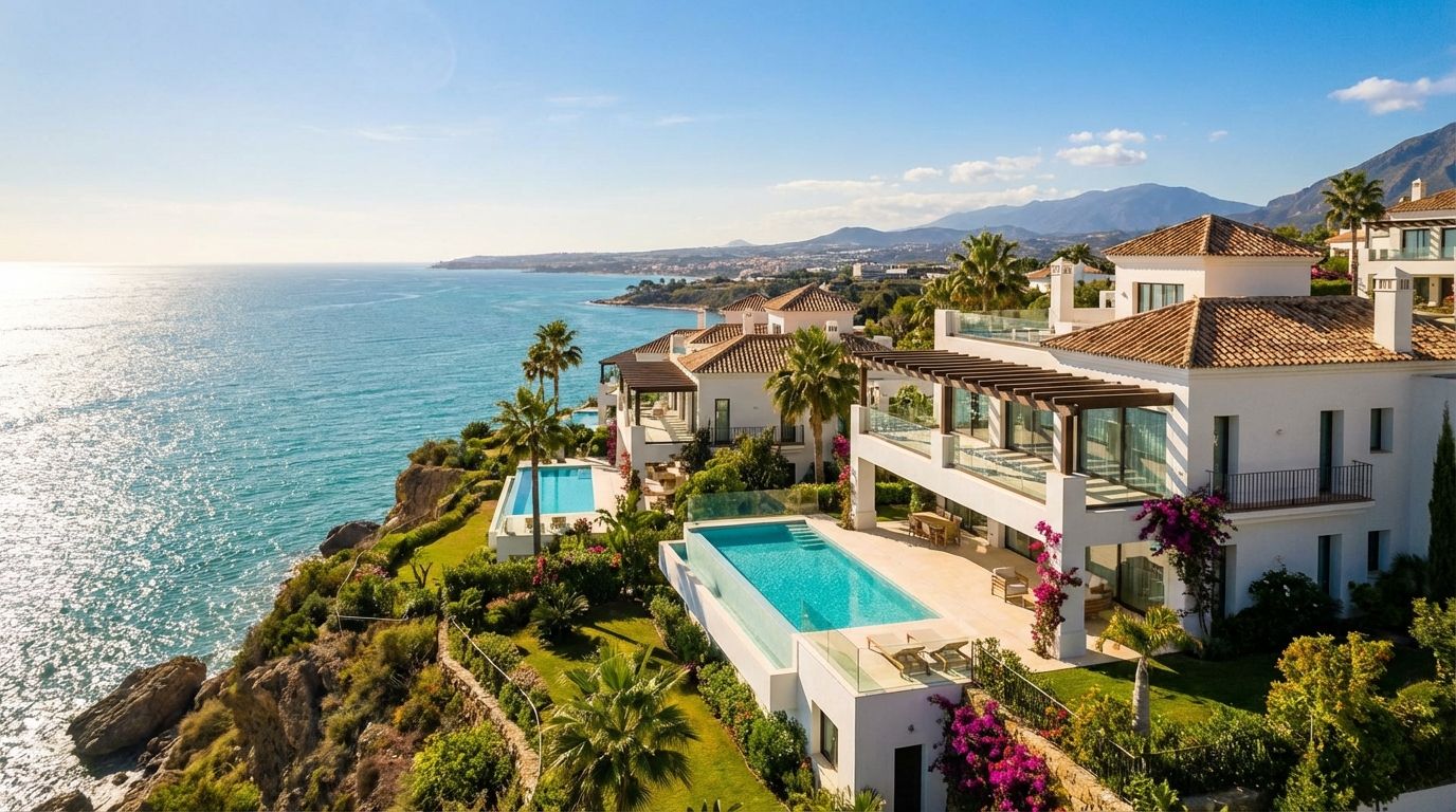 Panoramic view of luxury apartments overlooking the Mediterranean Sea in Costa del Sol