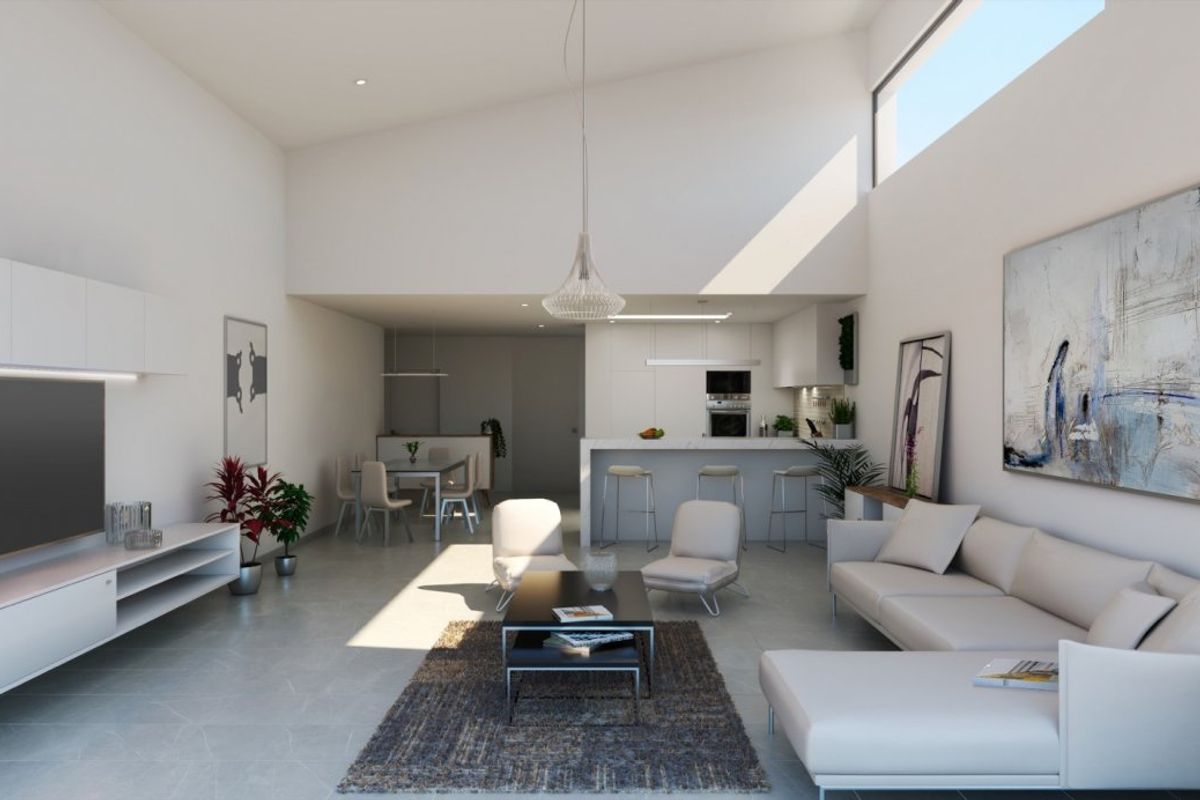 Bright living room with large windows in Baños y Mendigo villa, showcasing contemporary design.