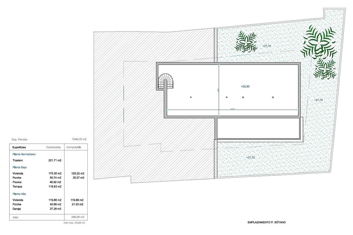 Indeling van de kelderplattegrond van de moderne villa in Moraira Teulada, Costa Blanca, met extra ruimtes.