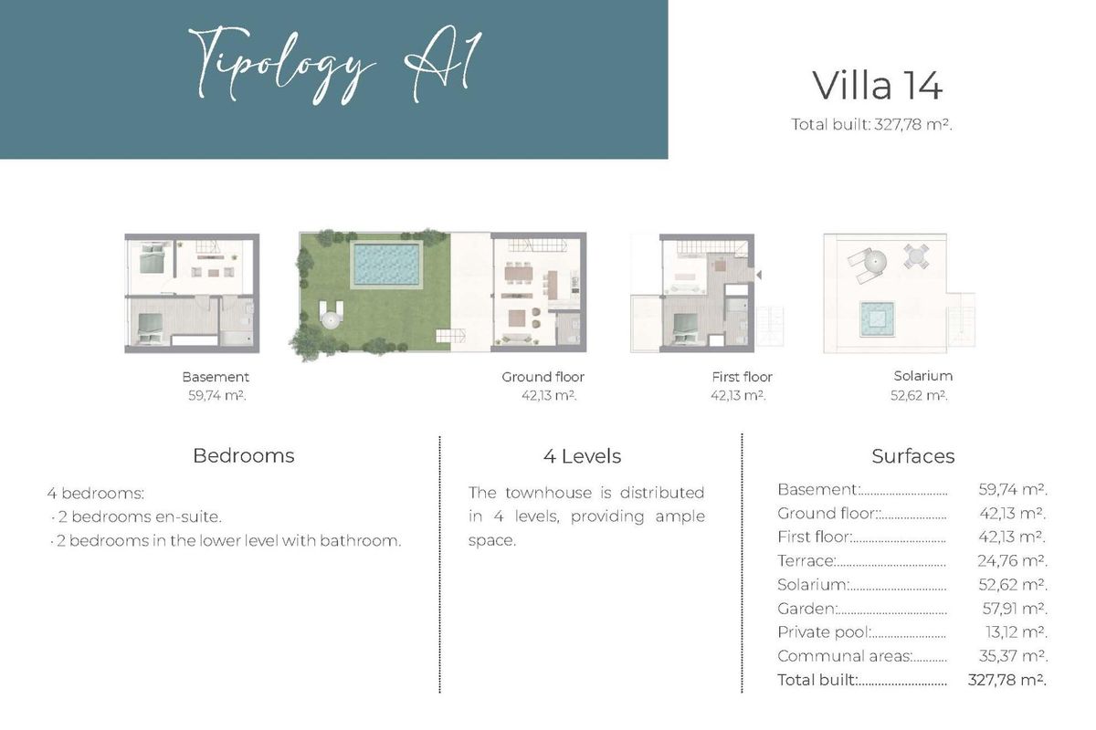 Plattegrond van een herenhuis met 4 slaapkamers, met gedetailleerde indelingen, gelegen in Marbella, Costa del Sol.