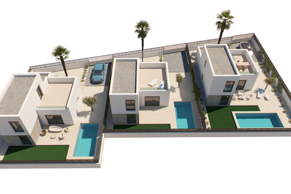 Uitzicht van een villa complex indeling met zwembaden en tuinen in Algorfa, Costa Blanca Zuid, Spanje.