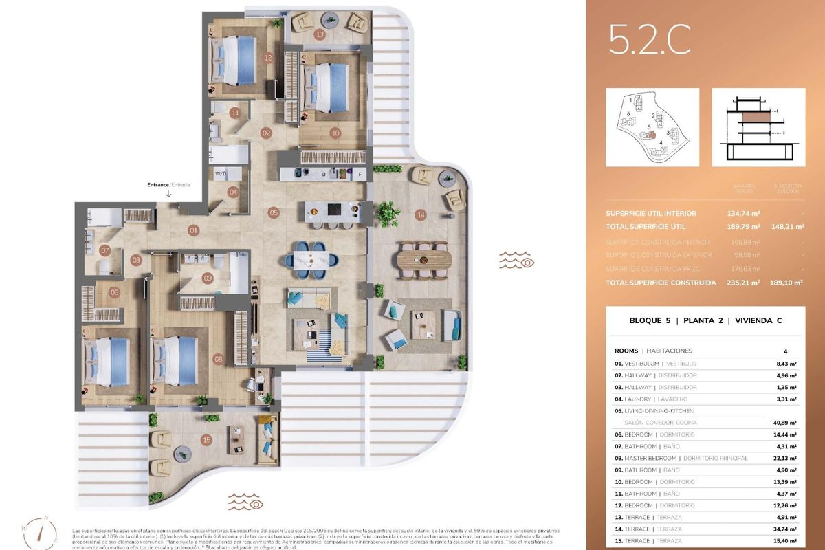 Gedetailleerde plattegrond van een 4-slaapkamer appartementlay-out die ruime woonruimte in Mijas, Costa del Sol toont.