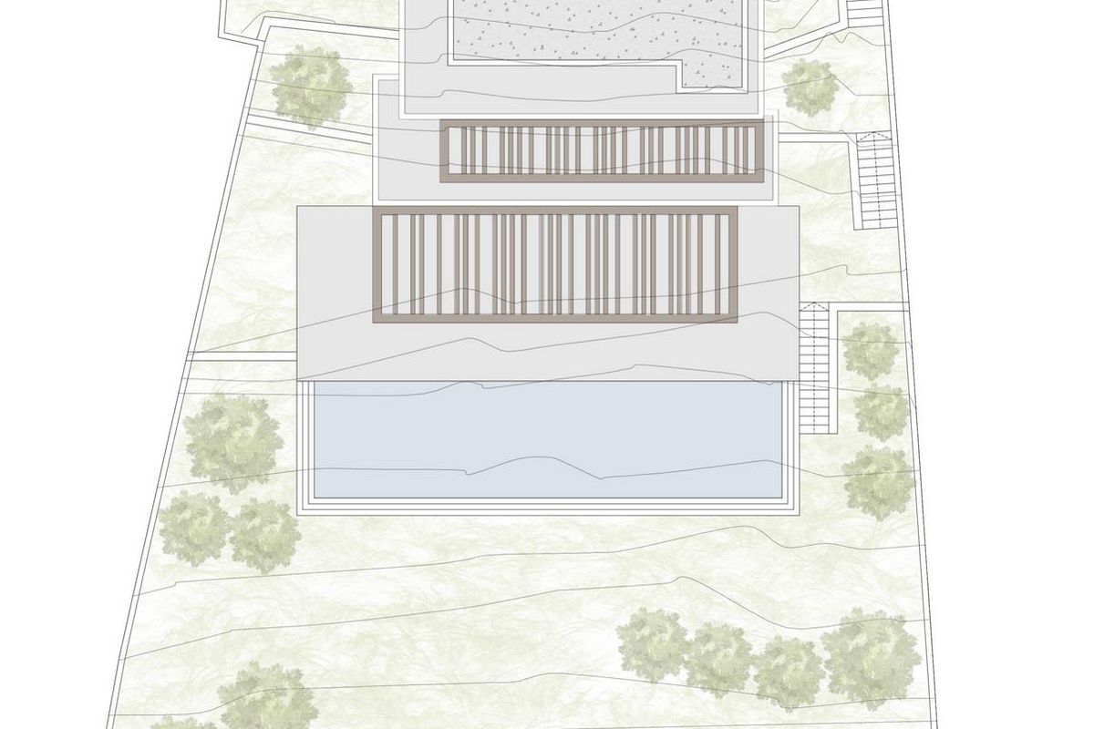 Plattegrond van de villa die de indeling en tuinruimte toont in Benissa, Costa Blanca Noord, Spanje.