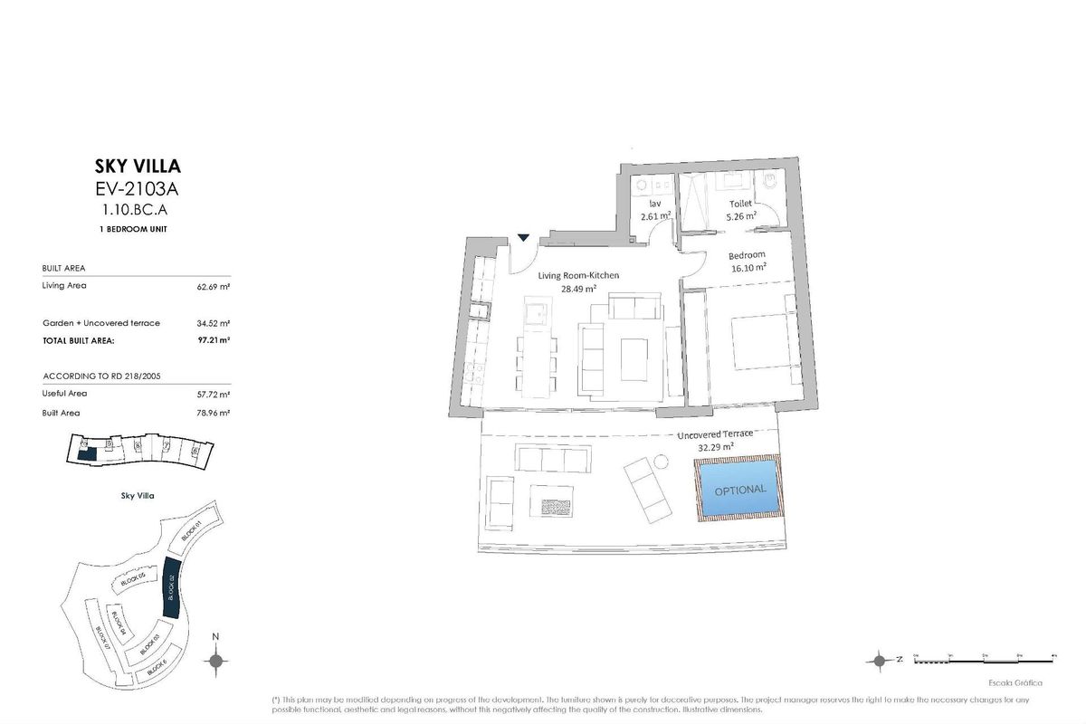 Plattegrond van een 1-slaapkamer penthouse met praktische leefruimtes in Fuengirola, Costa del Sol.