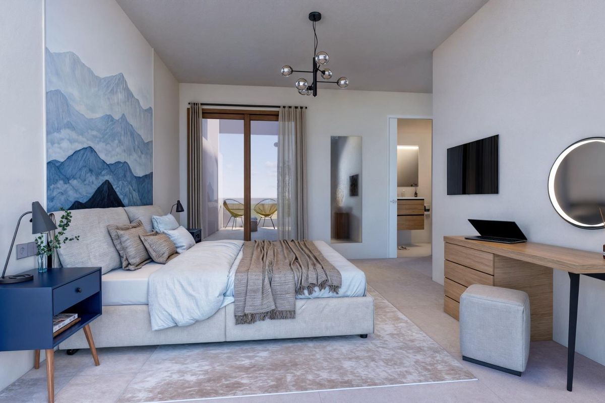 Elegante slaapkamer in een villa in Torre Pacheco, met moderne inrichting en natuurlijk licht.