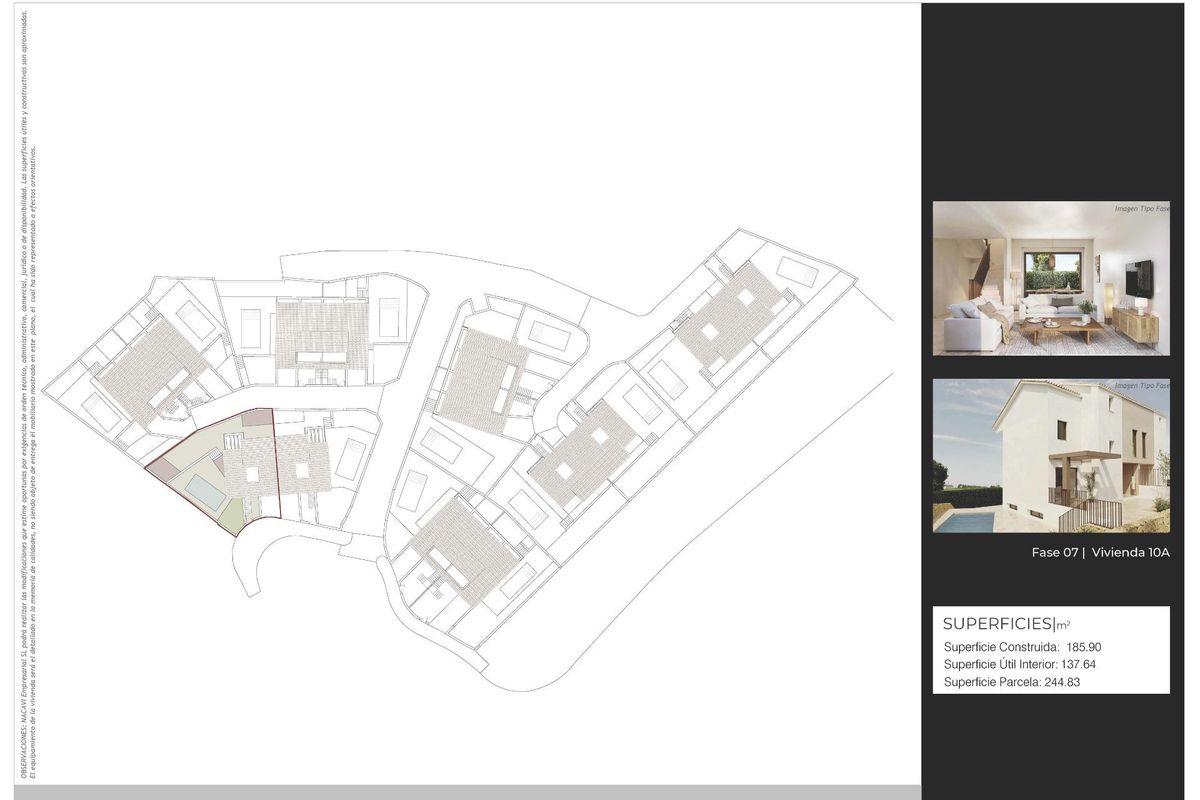 Plattegrond van de woningontwikkeling in La Nucia, met lay-out en afmetingen.