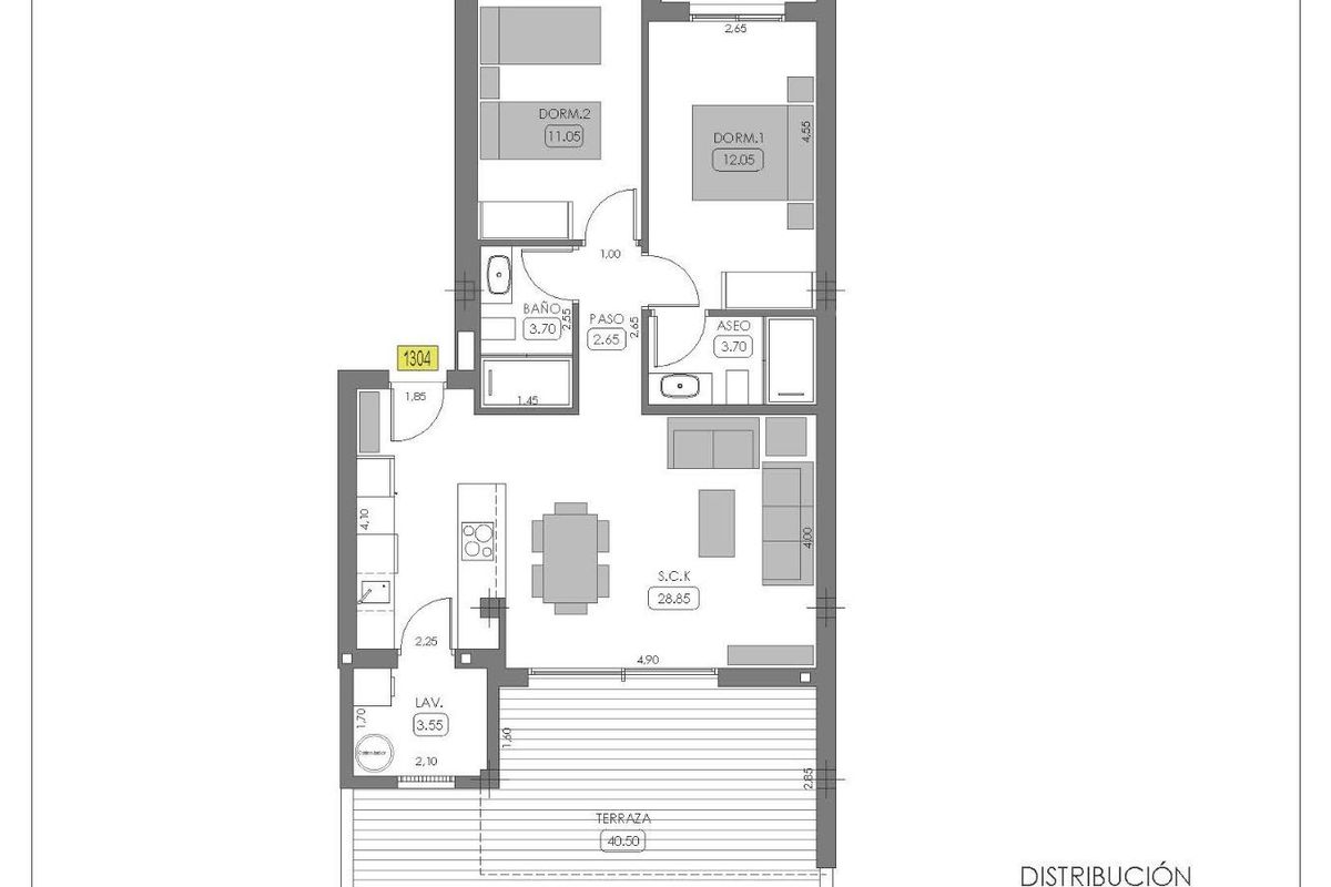 Plattegrond van een 2-slaapkamer appartement op de begane grond in Algorfa, met de indeling en afmetingen.