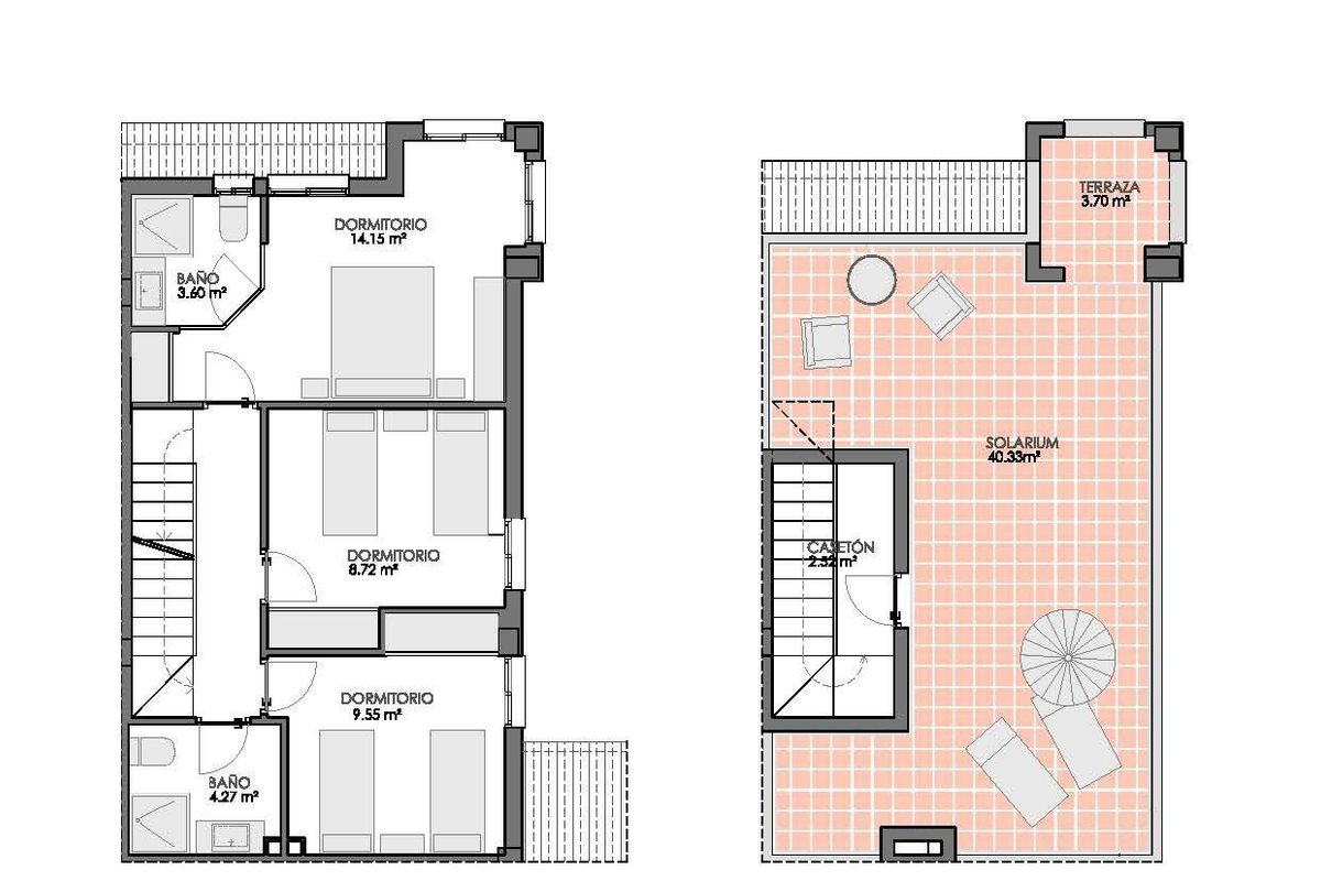 Indeling van de eerste verdieping en solarium voor een 4-slaapkamer bungalowontwerp in Bigastro, Costa Blanca Zuid.