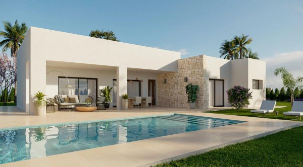 Buitenkant van een moderne 3-slaapkamer villa in Aspe, Costa Blanca, met een zwembad en een aangelegde tuin.