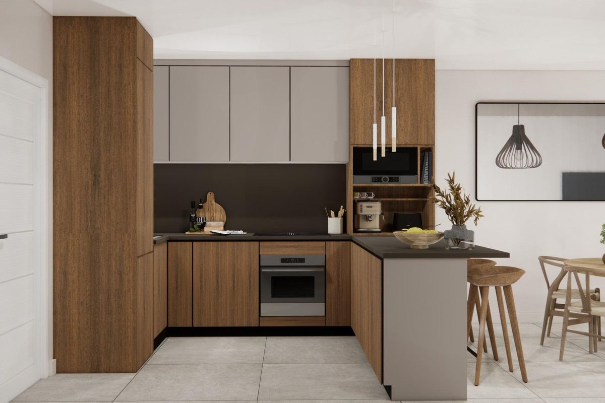 Moderne keuken met houten en grijze kasten, hangende lampen en barkrukken in een compact open-plan appartement in Rojales, Spanje