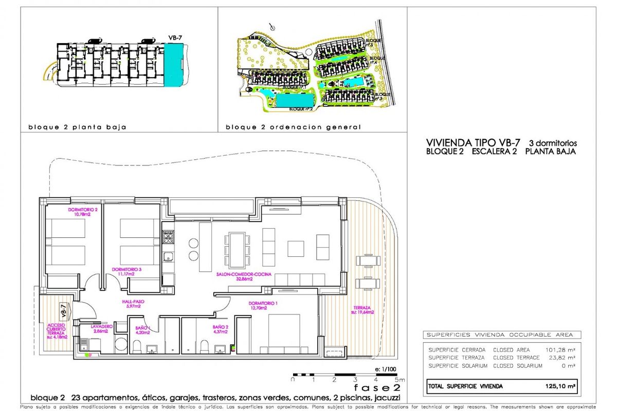Plattegrond van een 3-slaapkamer appartement op de begane grond met indeling en ontwerp in Orihuela Costa, Spanje.