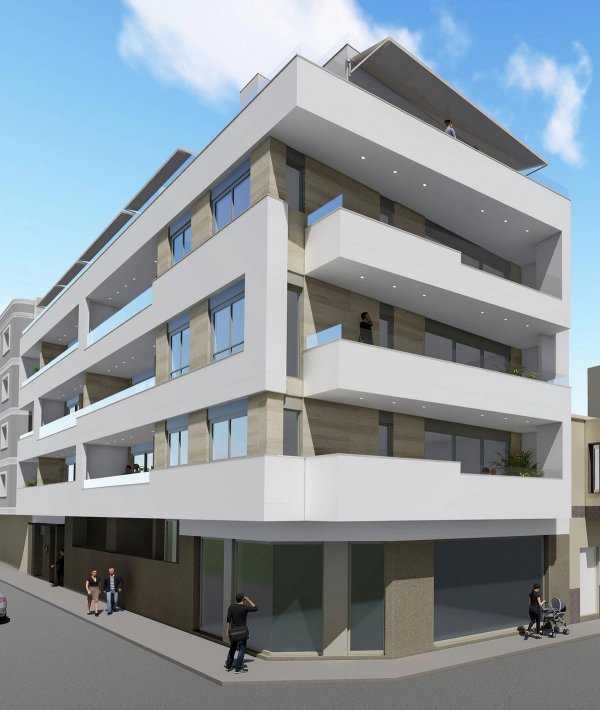 Moderne appartementencomplex in Torrevieja, met meerdere balkons en grote ramen.