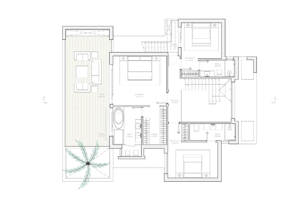 Een andere plattegrond van een luxe villa, die de ruime woonruimtes en toegang tot buiten in Estepona benadrukt.