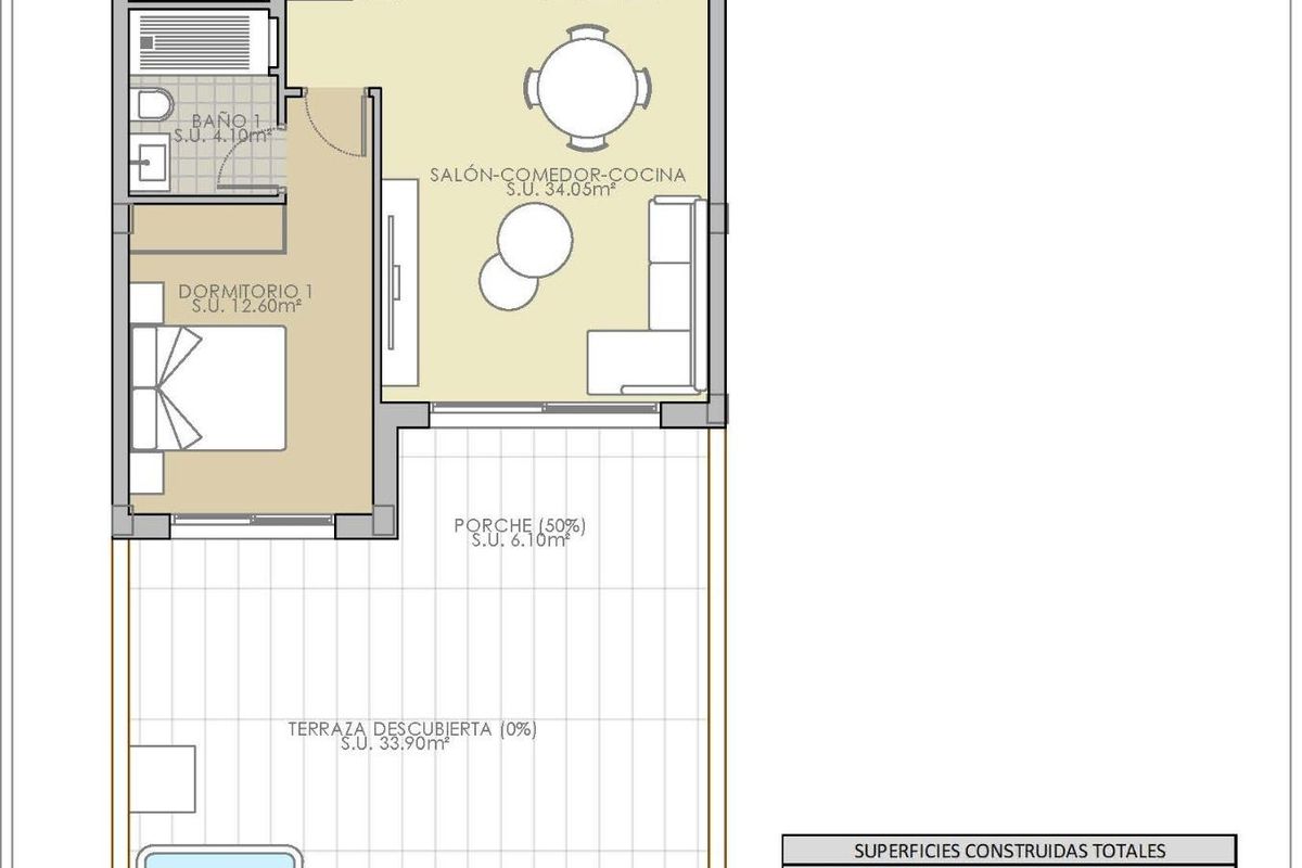 Plattegrond van begbenedenwoning met 2 slaapkamers in Rojales, met woonkamer, slaapkamers, badkamers en buitenterras met zwembad