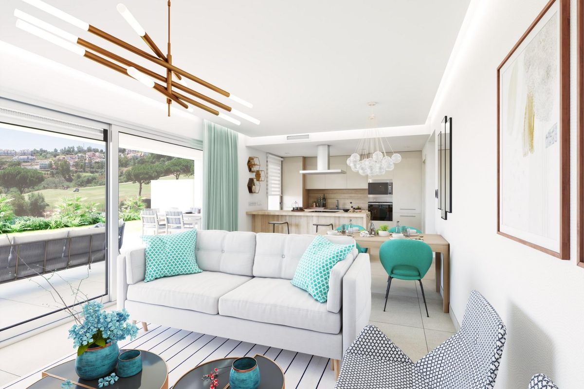 Gezellige woonkamer met moderne inrichting en keukenruimte in een 2-slaapkamer appartement in Mijas, Costa del Sol.