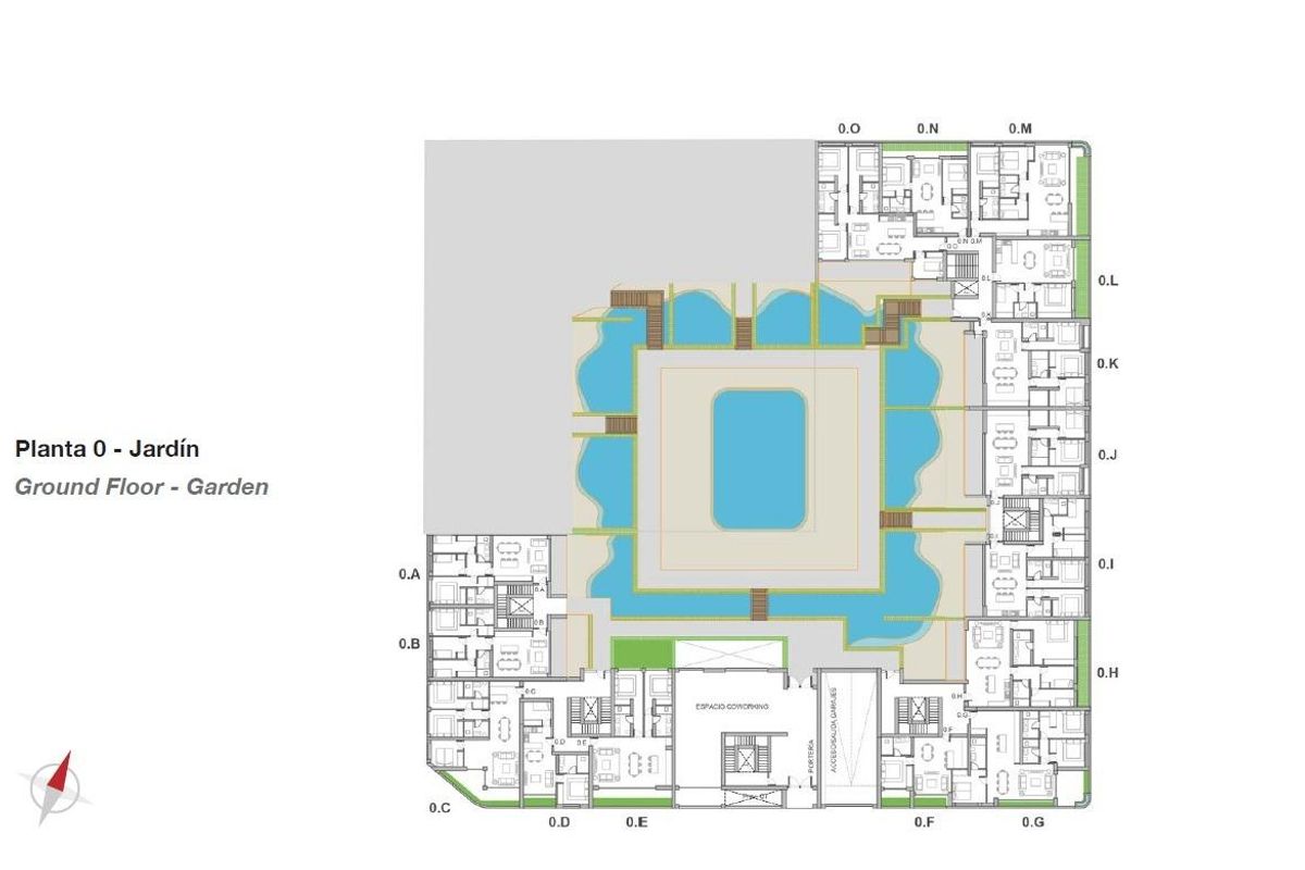 Begane grond plattegrond met appartementsindeling in San Pedro De Alcantara, Costa del Sol, Spanje.