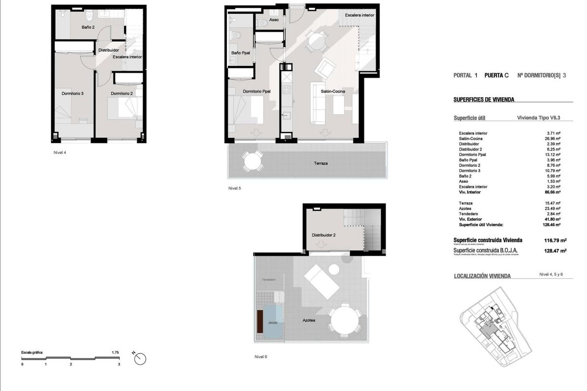 Vloerplan van een penthouse met 3 slaapkamers in Estepona, met een ruime indeling en functioneel ontwerp.