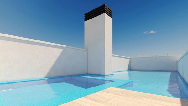 Stijlvol dakterras met zwembad van een modern appartement in Torrevieja, Costa Blanca Zuid, Spanje.