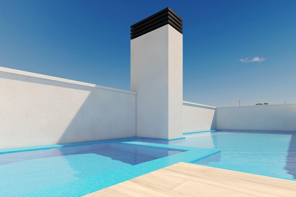 Stijlvol dakterras met zwembad van een modern appartement in Torrevieja, Costa Blanca Zuid, Spanje.