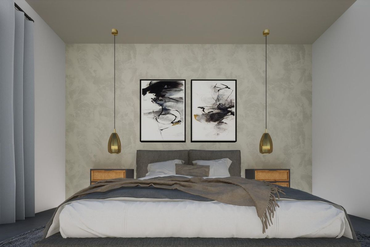 Chic bedroom in a 3-bed villa in Pinoso featuring modern art and cozy furnishings for relaxation.