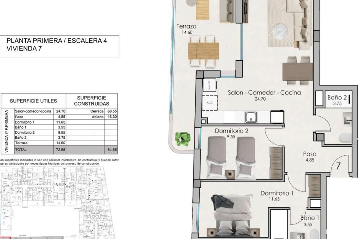 Plattegrond van een 2-slaapkamer appartement in Santa Pola, Costa Blanca Zuid, met woonkamer en terrassen.