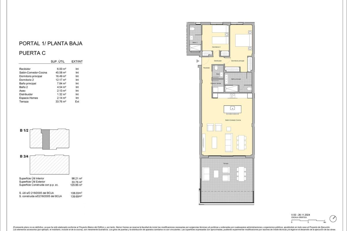 Plattegrond van een 2-slaapkamer appartement op de begane grond in Estepona, toont indeling en afmetingen.