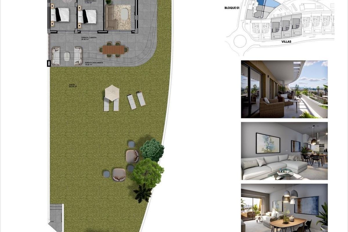 Gedetailleerde plattegrond die de indeling van een 3-slaapkamer appartement in Finestrat, Costa Blanca Noord toont.