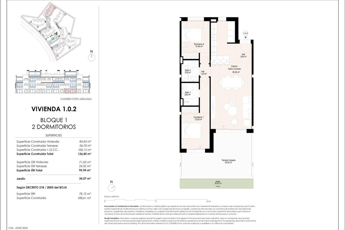 Plattegrond van een 2-slaapkamer appartement in Casares, Costa del Sol, indeling met woon- en eetruimtes.