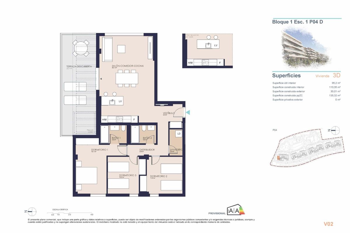 Plattegrond van een 3-slaapkamer penthouse in Denia, met illustratie van de kamerindelingen en -verhoudingen.