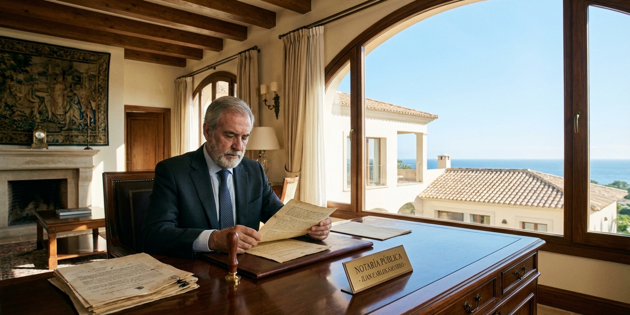 A Spanish Notary public reviewing legal property documents on a polished desk