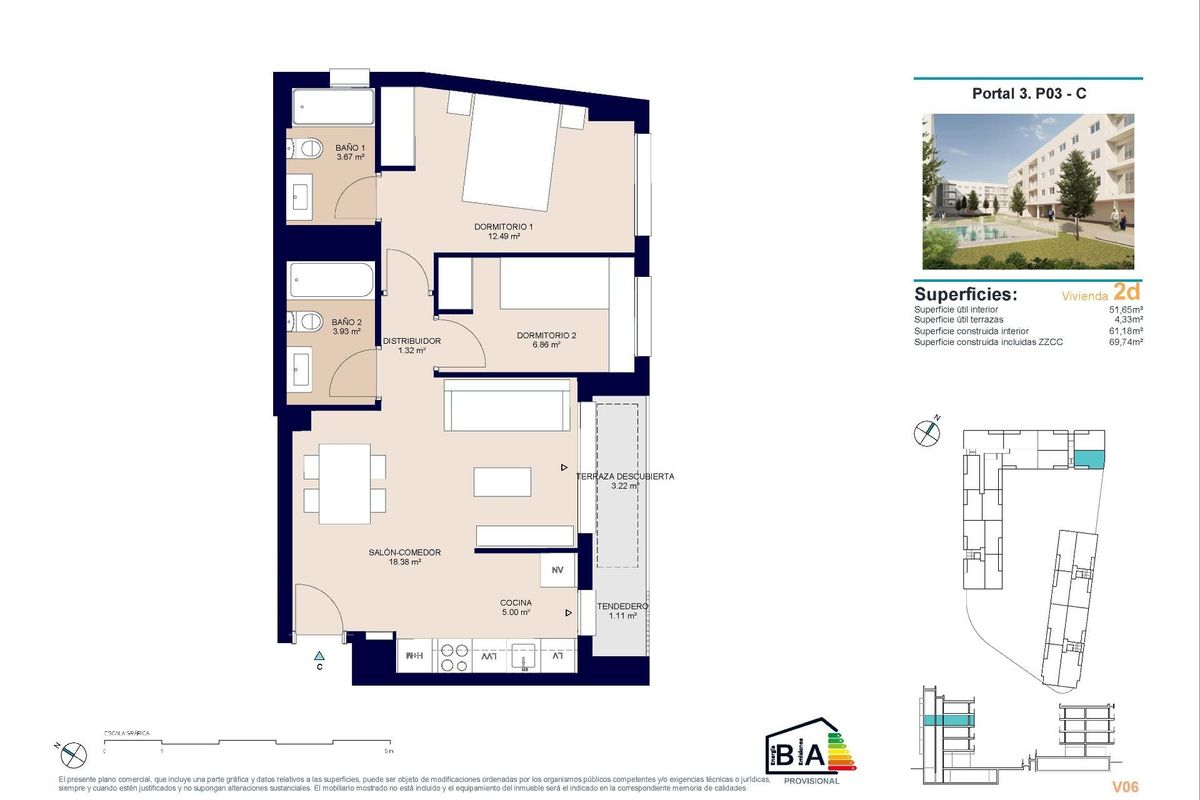 Floor plan of a 2-bed penthouse in Alicante, showcasing living areas, bedrooms, and kitchen layout.