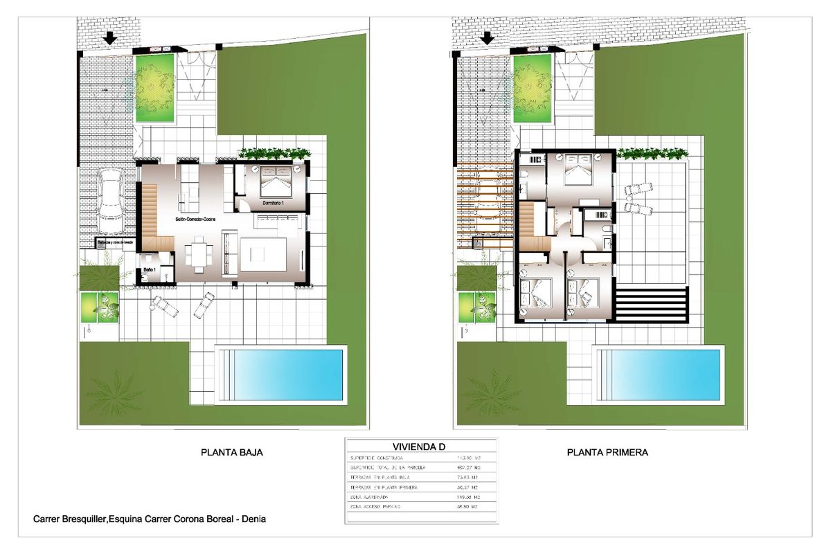 Uitgebreide plattegrond van een 4-slaapkamer villa in Denia, met woonruimtes en buitenfuncties.