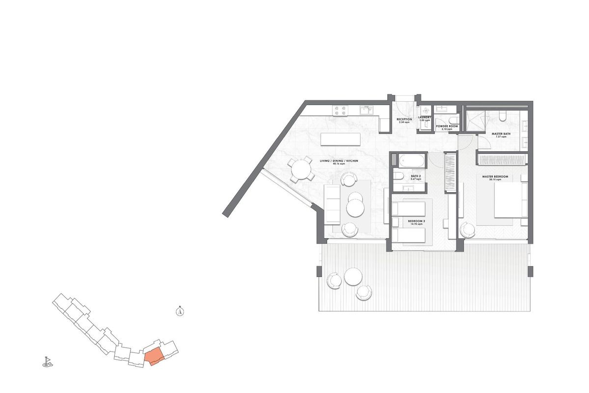 Plattegrond van een 2-slaapkamer appartement in Casares, Costa del Sol, met moderne ontwerpelementen.