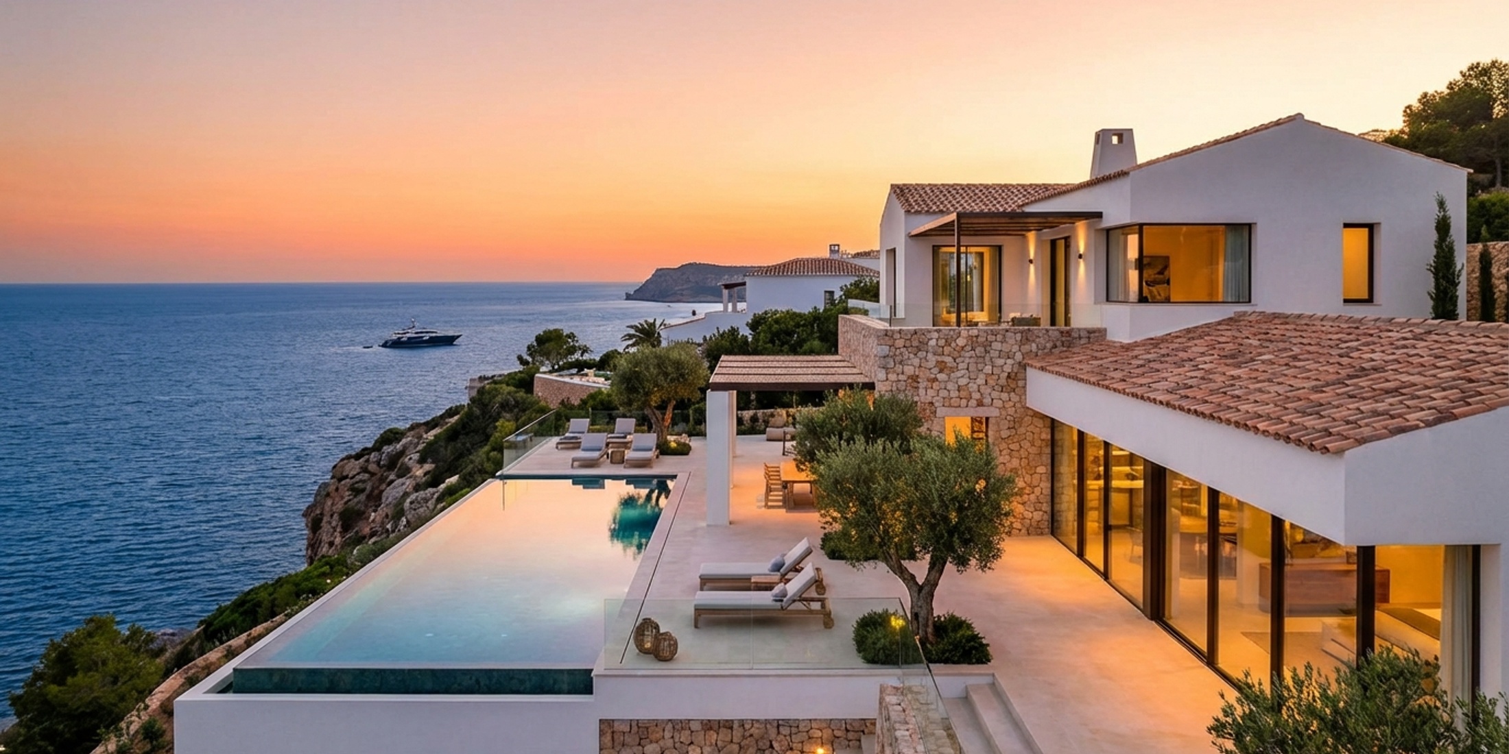 Panoramic view of a modern luxury villa in Spain overlooking the Mediterranean Sea at sunset