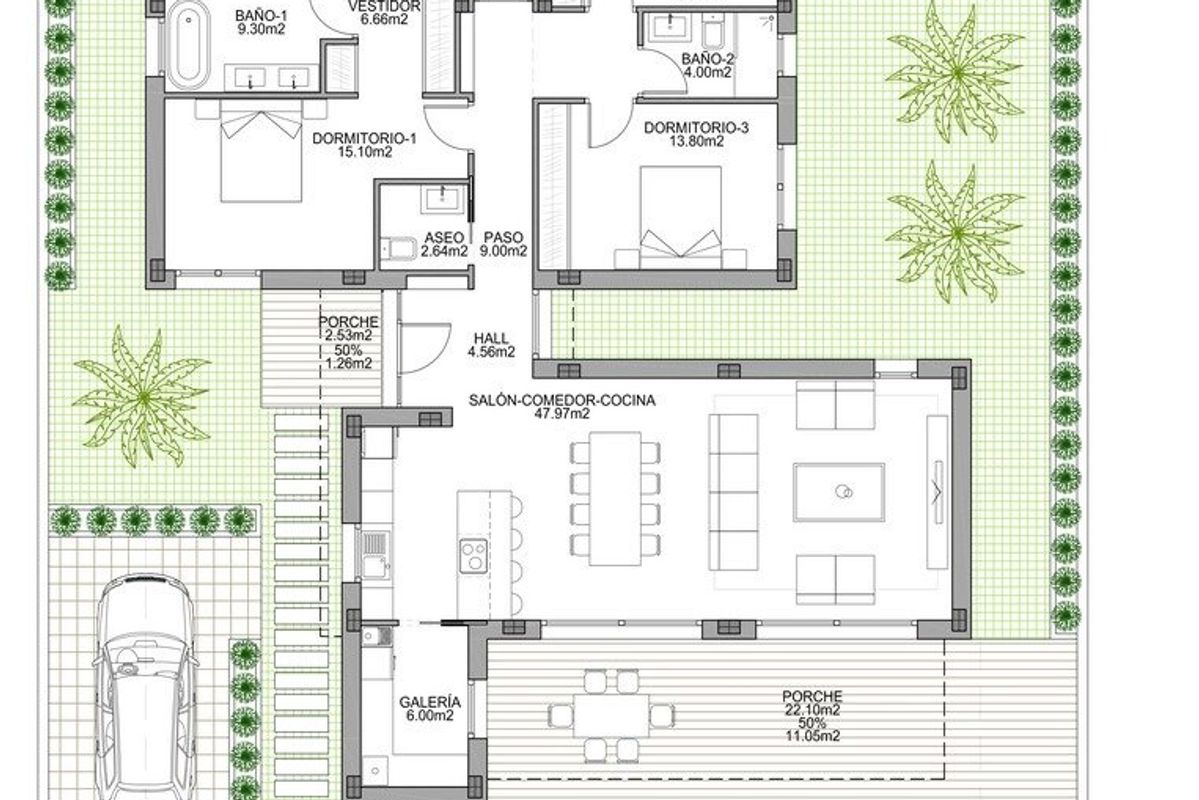 Gedetailleerde plattegrond van een 3-slaapkamer villa in Benijofar, met indelingen van de kamers.