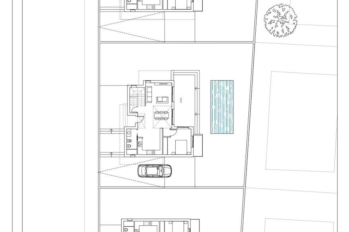 Overzicht van villa percelen in een woongebied in Torrevieja met zwembaden en buitenruimtes.