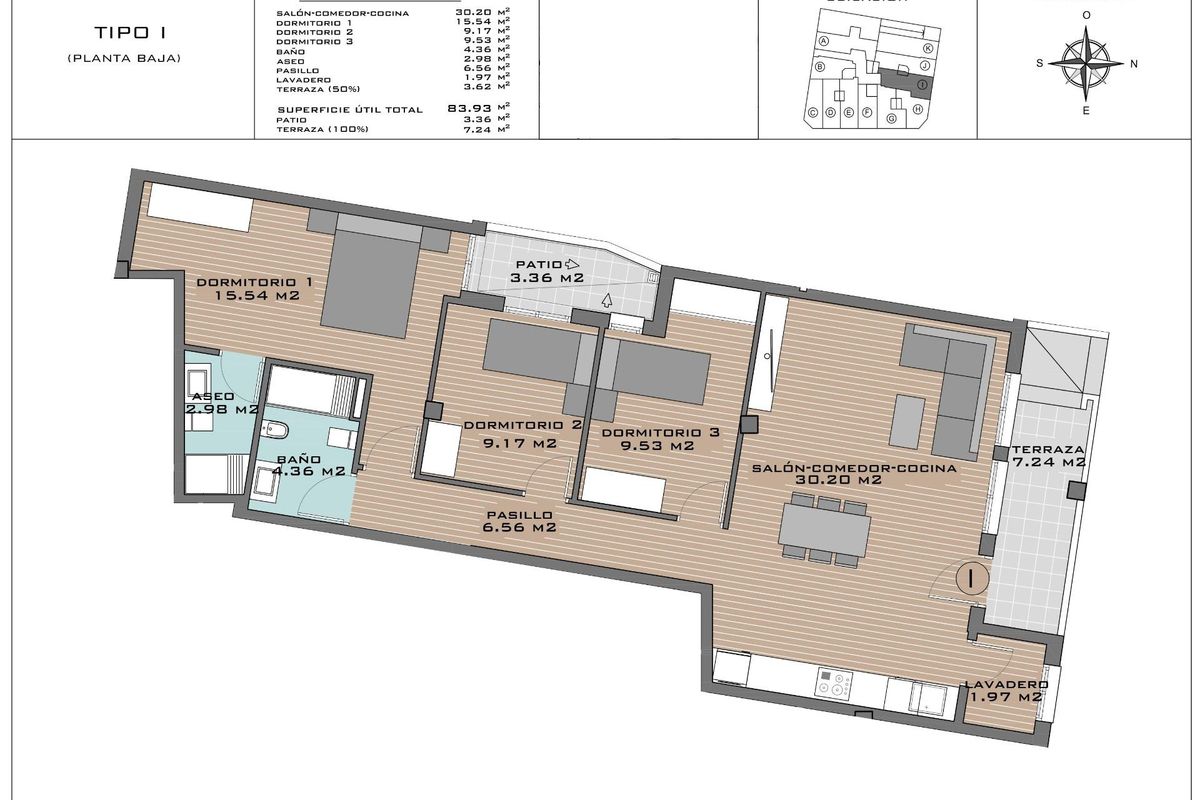Plattegrond van een 3-slaapkamer appartement op de begane grond in Algorfa, met indeling en afmetingen.