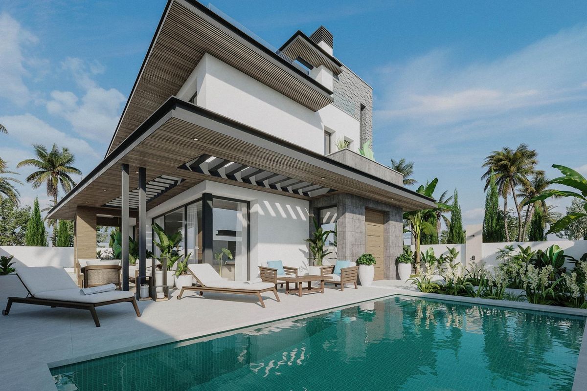 Stijlvolle gevel van een 3-slaapkamer villa in Mijas met een eigentijds ontwerp en een privézwembad.
