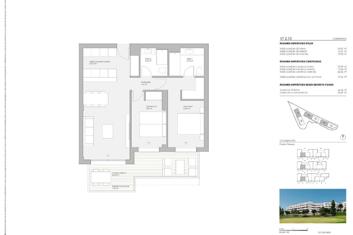 Gedetailleerde plattegrond van een 2-slaapkamer appartement in Mijas, Costa del Sol, met ruime indeling en moderne kenmerken.