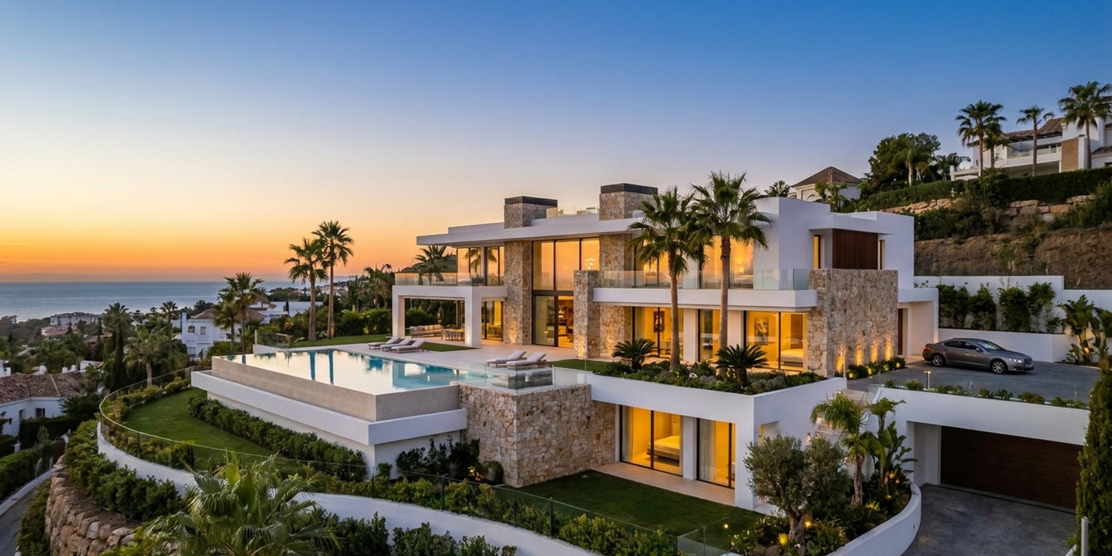 Luxus modern villa Marbellán naplementekor, amely a prémium ingatlanokat képviseli